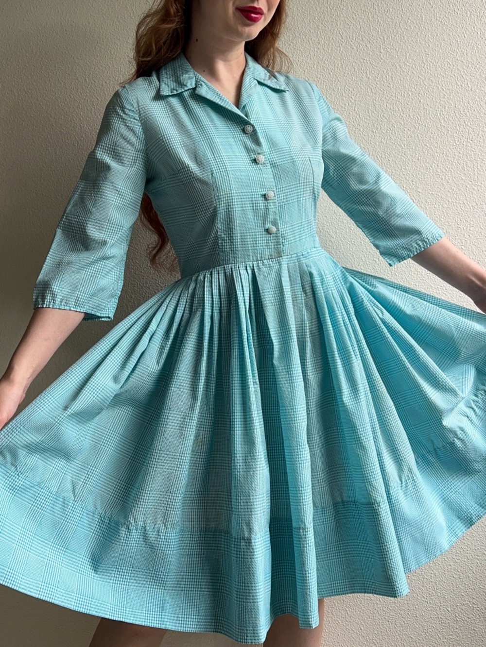 Vintage 1950s Turquoise and White Gingham Summer Dress (M)
